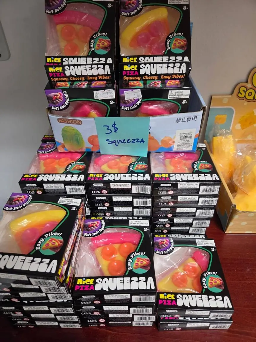 Stacks of pizza squishy toys